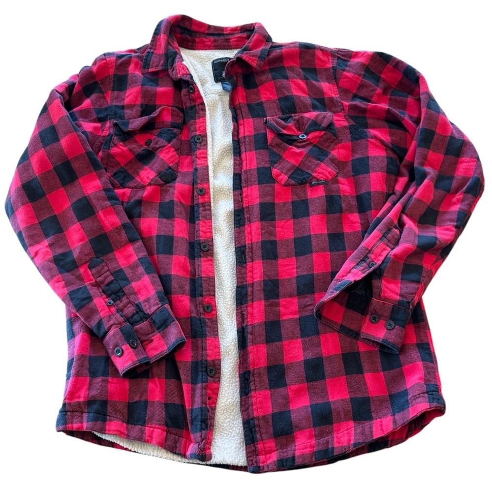 O'Neill Red and Black Fleece Lined Checkered Plaid Shirt L